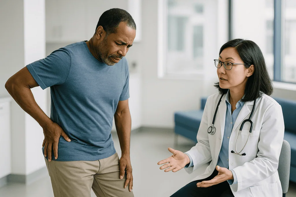Doctor consulting male patient about lower back pain: What are the causes of hip flexor tendonitis?