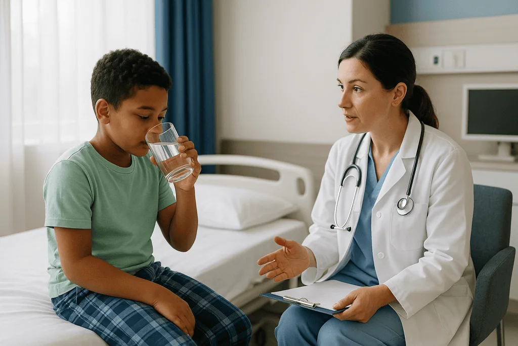 Doctor consulting young boy in hospital room: What are the common causes of bedwetting?
