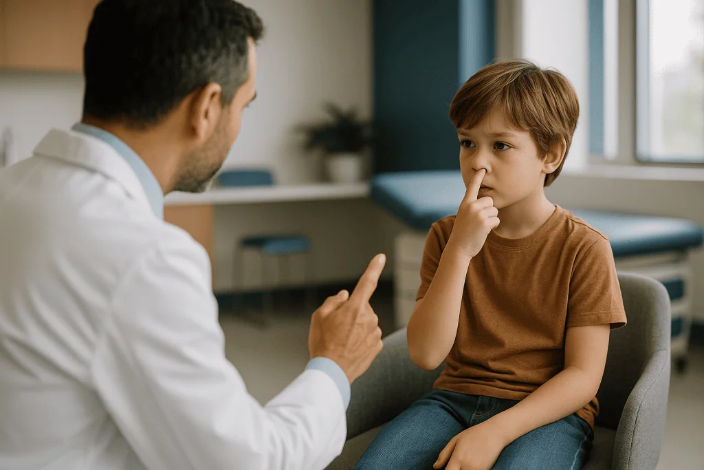 Adult physician examining young child in clinical setting: What are the common causes of nosebleeds in kids?