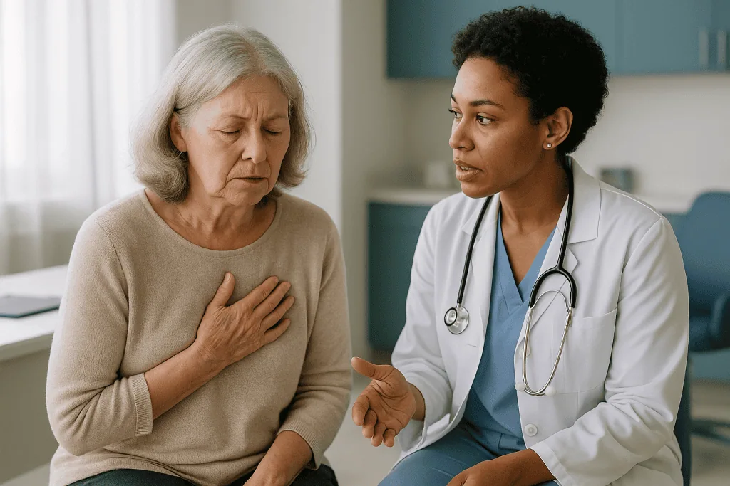 Female doctor consulting senior woman about chest symptoms: What are the common symptoms of a heart attack in women over 60?