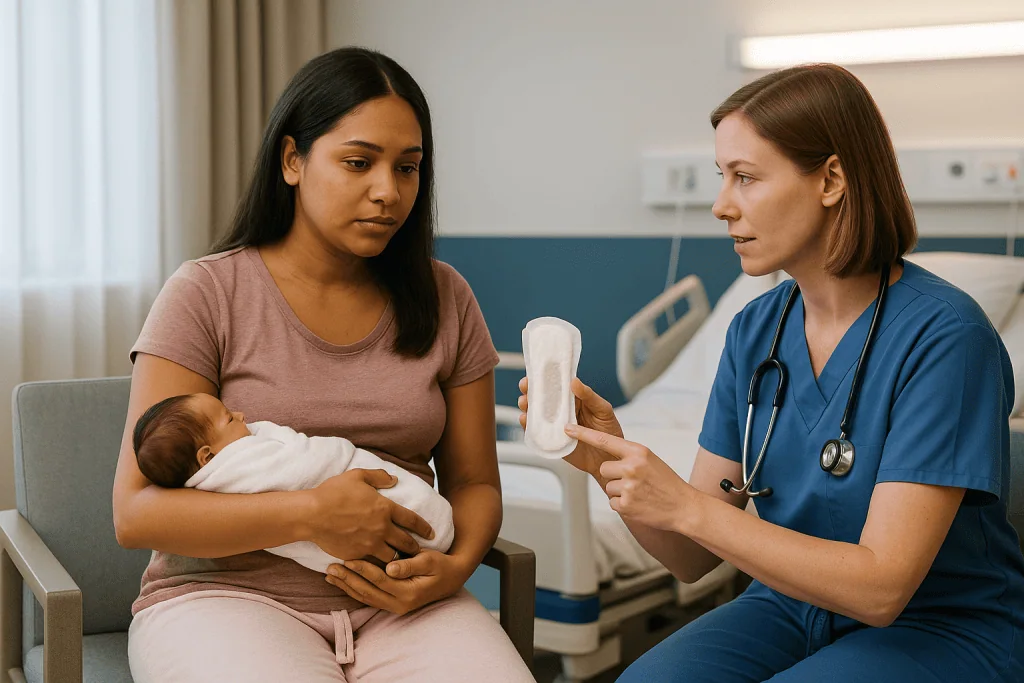Healthcare provider consulting with postpartum mother holding newborn: What are the different stages of lochia?