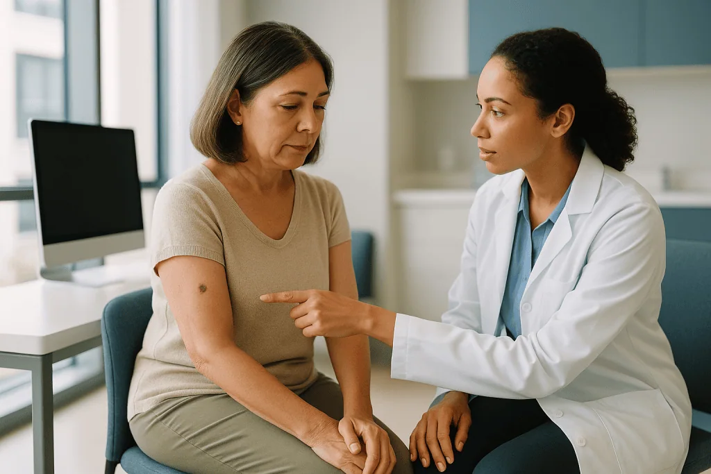 Doctor examining patient's arm in clinical consultation: What are the different stages of melanoma skin cancer?