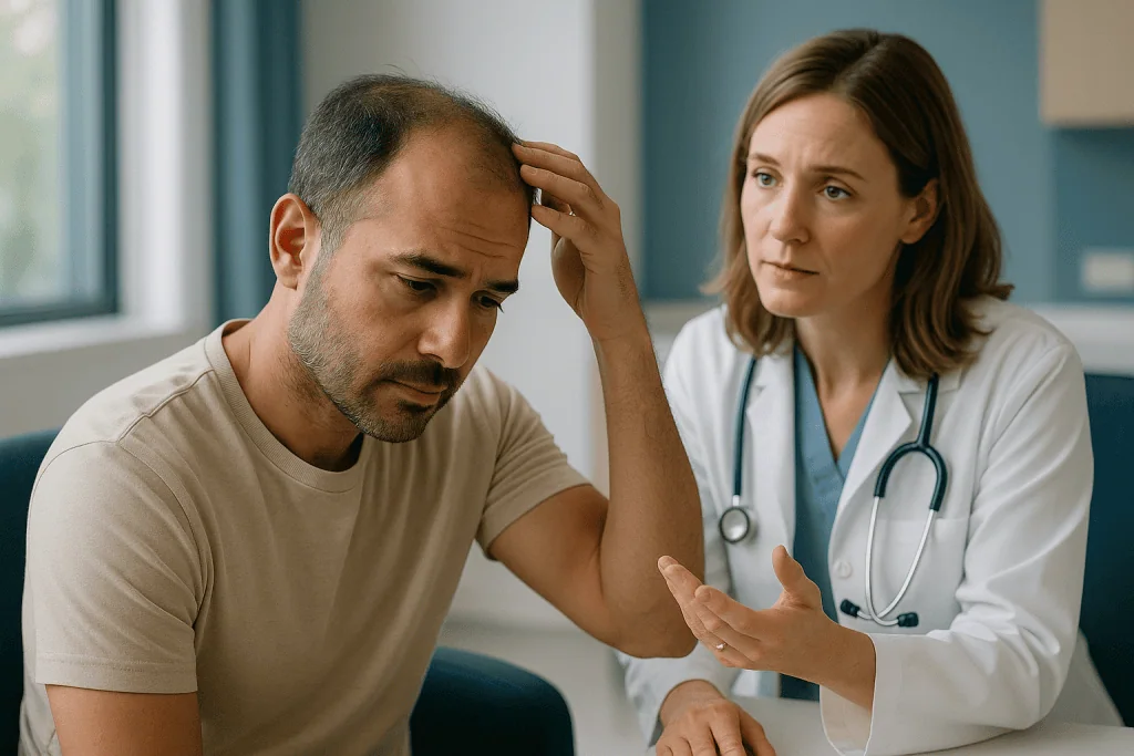 Doctor consulting with male patient about hair loss: What are the early signs of thinning hair?