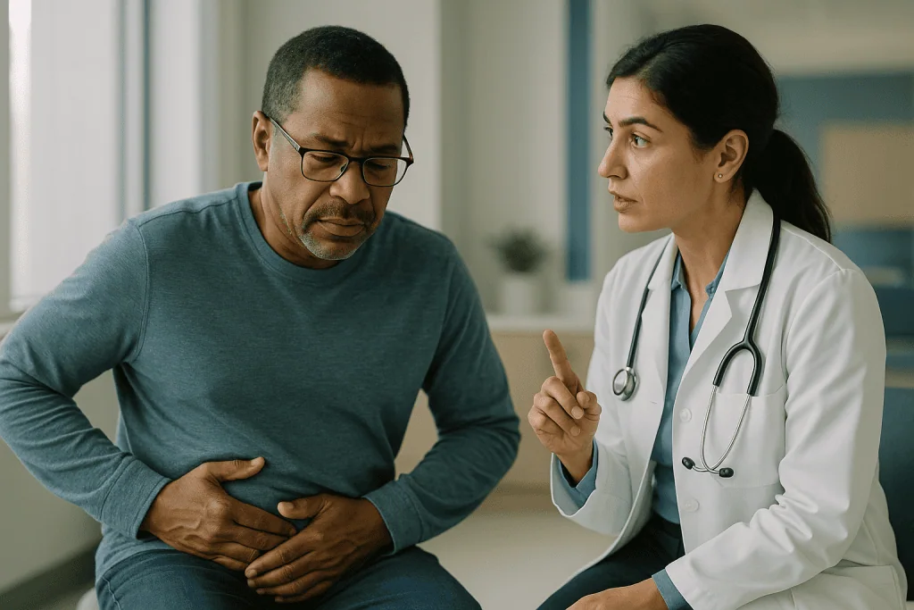 Doctor consulting patient about abdominal pain symptoms: What are the first signs of a ureteral stone?