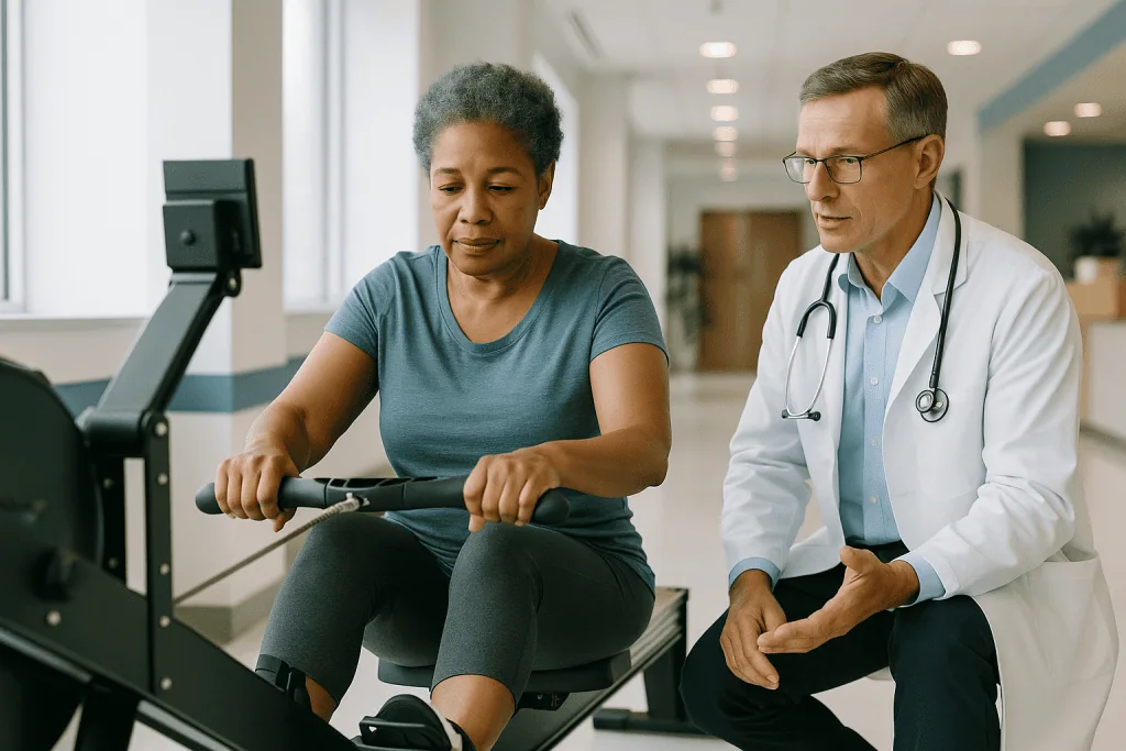 Doctor supervising patient on rowing machine: What are the main rowing machine benefits?