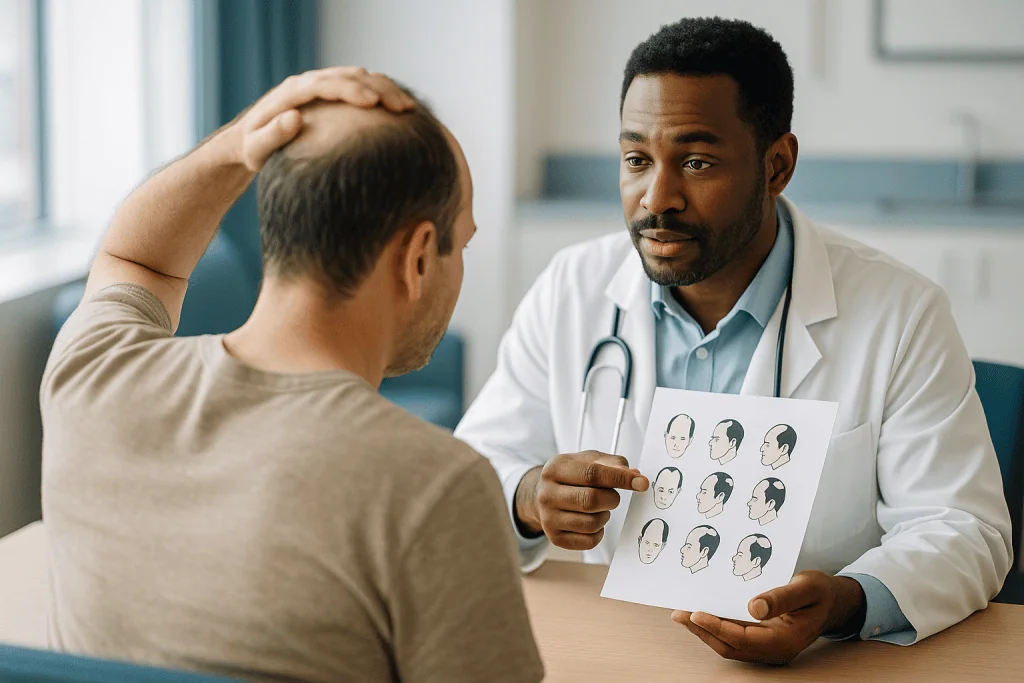 Doctor consulting patient about hair loss chart: What are the Norwood stages of a receding hairline?