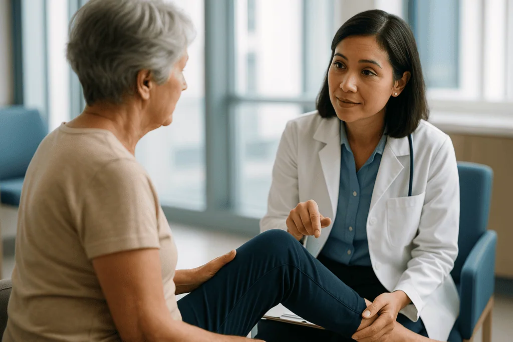 Doctor consulting with senior patient in modern clinic: What are the osteoarthritis treatment guidelines before surgery is c