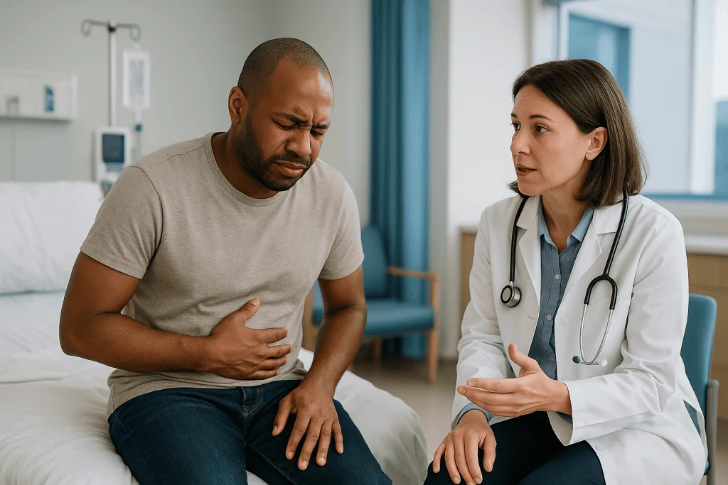 Doctor consulting patient with abdominal discomfort in hospital: What are the red flags for gastroenteritis in adults?