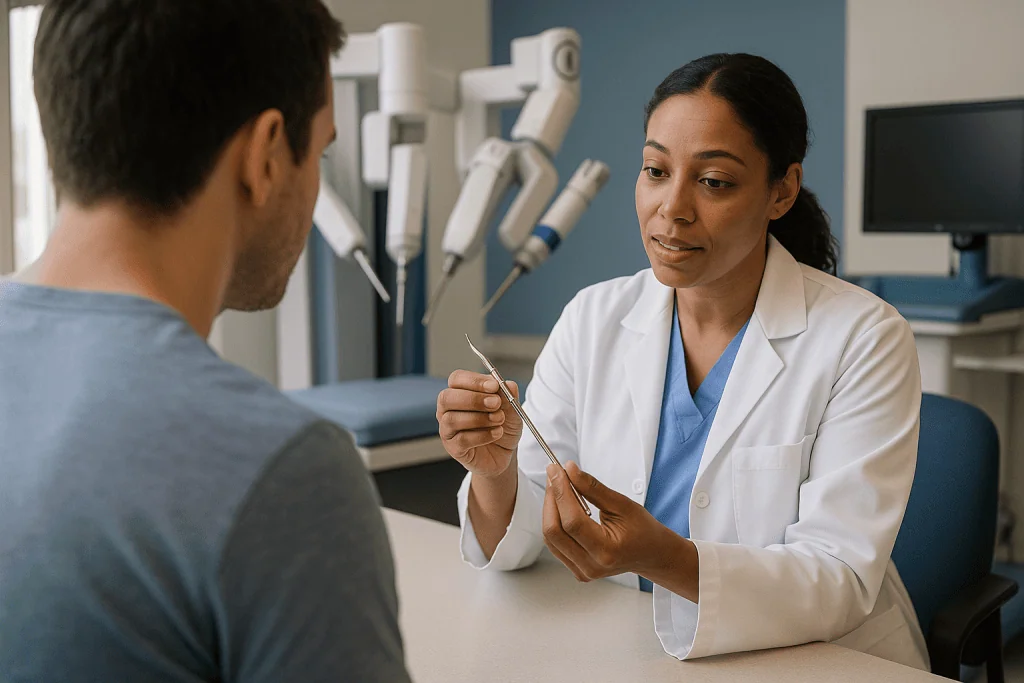 Dentist or oral surgeon consulting with patient: What are the robotic arms, and why can a tiny instrument sew a valve?