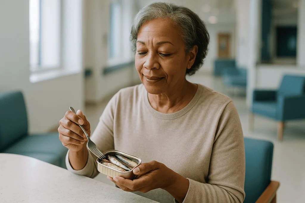 Older woman eating canned sardines from tin with fork: What are the sardines benefits, nutrient by nutrient?