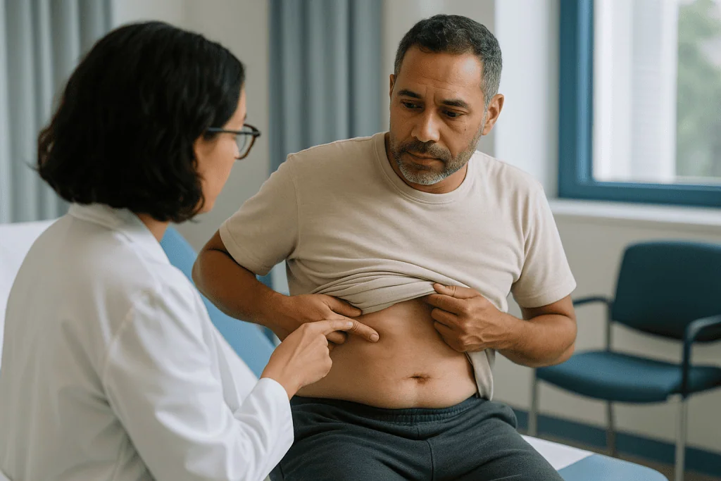 Doctor examining patient abdomen post-surgical wound: What are the signs of infection after an appendectomy?