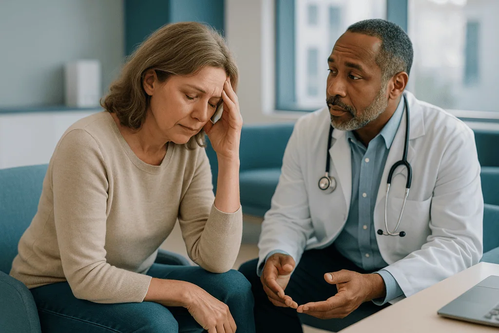 Doctor consulting with middle-aged female patient in office: What are the symptoms of high cortisol?