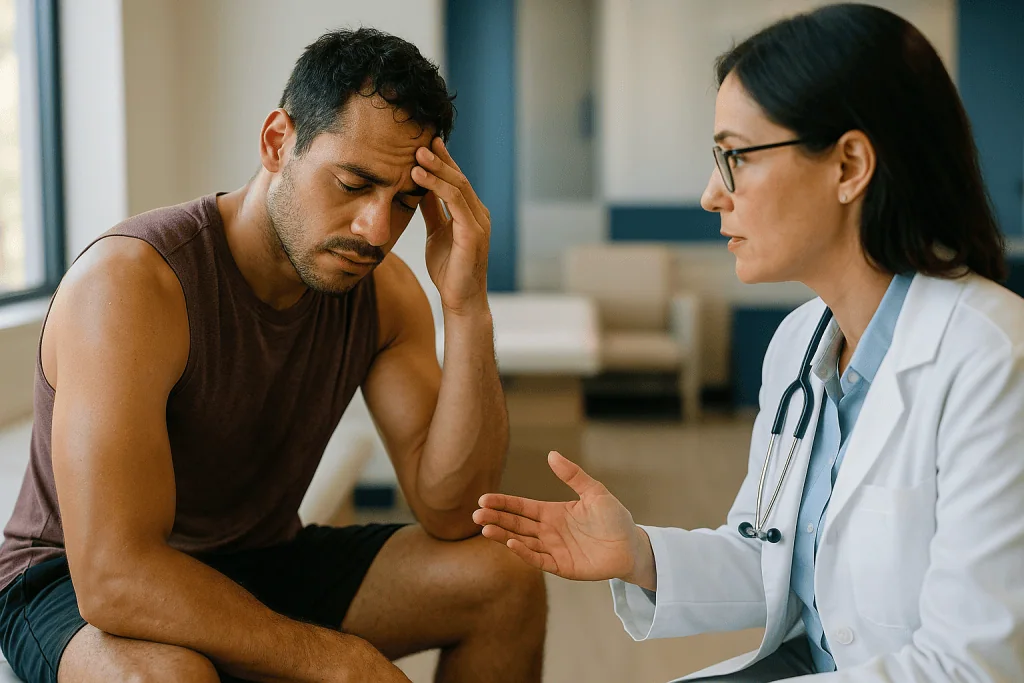 Patient consulting doctor about overtraining symptoms and recovery: What are the symptoms of overexertion?