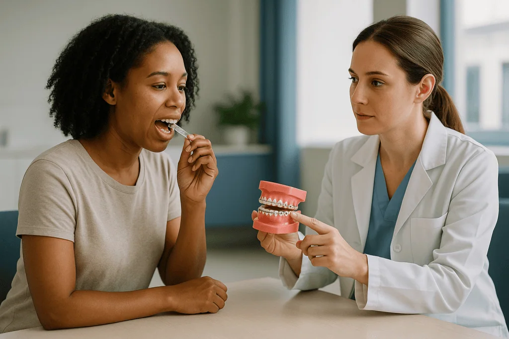 Dentist or orthodontist consulting with patient using teeth model: What braces, aligners and elastics actually do