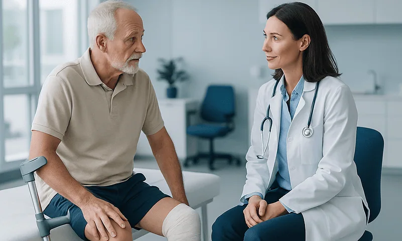 Doctor consulting with elderly patient in hospital room.