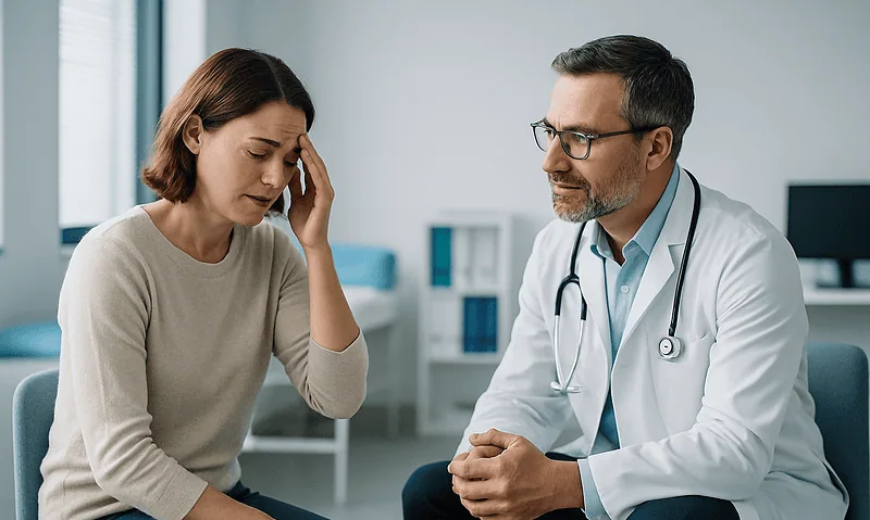 Doctor consulting with a woman experiencing headache symptoms in a clinic.