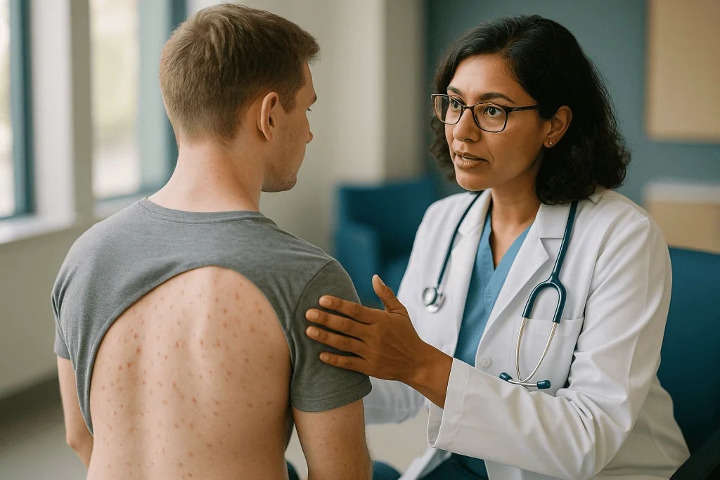 Doctor examining patient's back with visible acne: What causes acne on the back and shoulders?