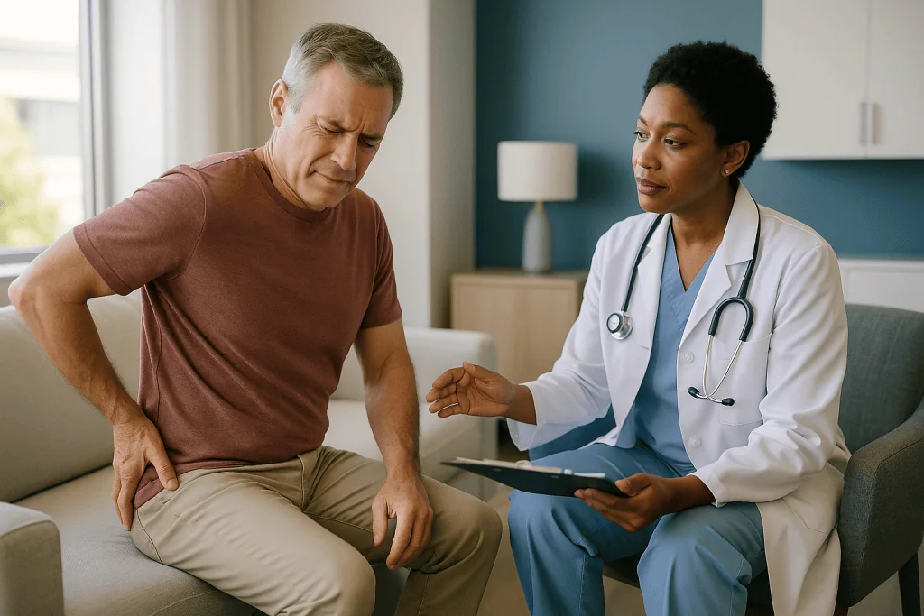 Doctor consulting patient about hip pain during visit: What causes bursitis to flare up?