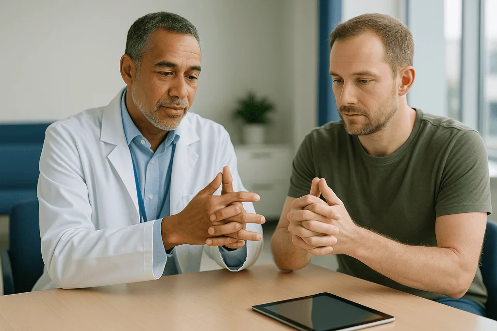 Doctor consulting patient at desk with tablet: What causes cracking of knuckles? The physics inside a joint