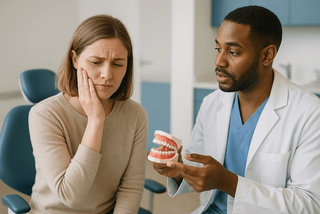 Dentist consulting anxious patient using dental model: What causes dental anxiety in the first place?