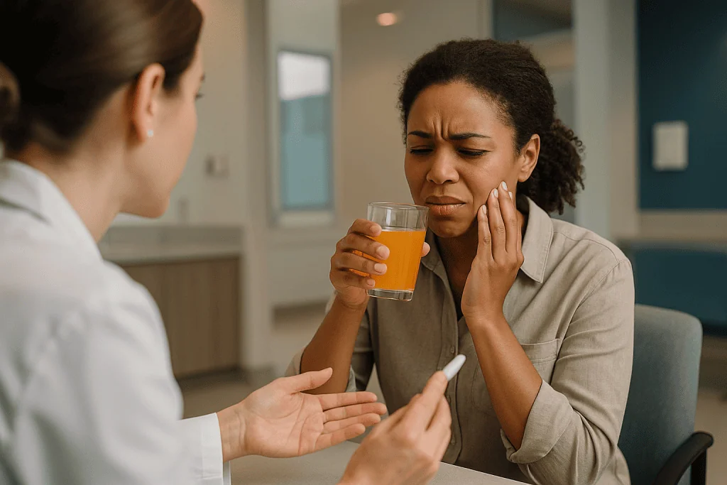 Woman with tooth pain consulting healthcare provider indoors: What causes enamel erosion in the first place?