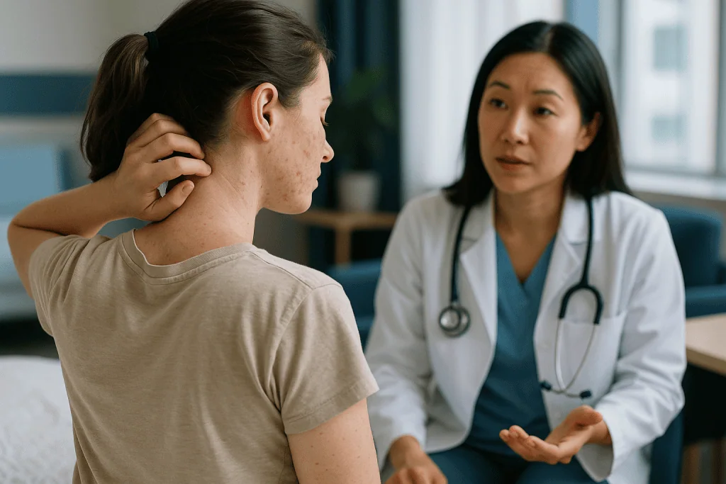 Doctor consultation with patient discussing skin condition: What causes fungal acne, and why did I suddenly develop it?
