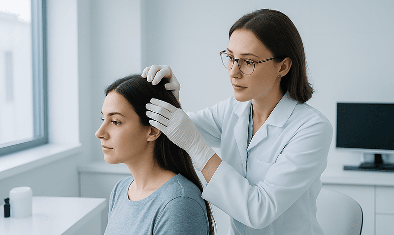 Doctor examining patient's scalp for hair loss diagnosis in clinic.