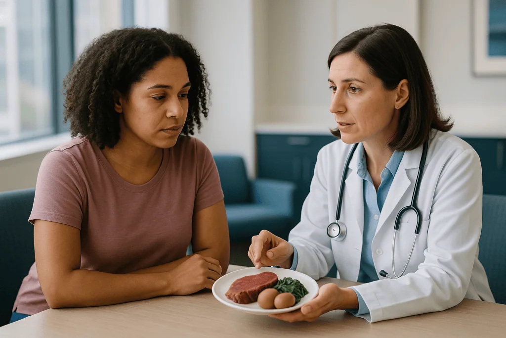 Doctor consulting patient about dietary food choices: What causes high ferritin without iron overload?