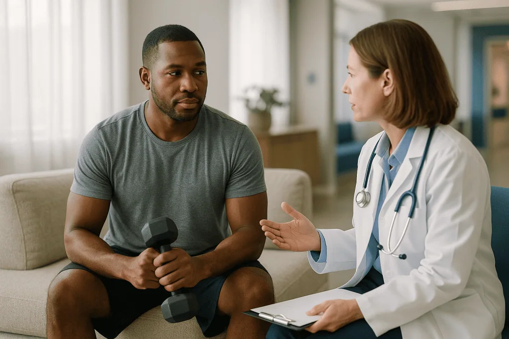 Doctor consulting male patient holding dumbbells indoors: What causes high testosterone in men?