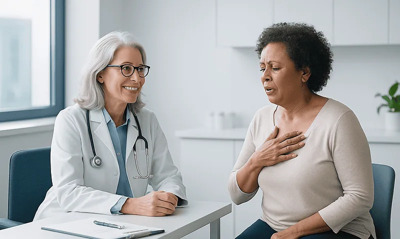 Doctor consulting with a woman experiencing hot flashes in a medical office.