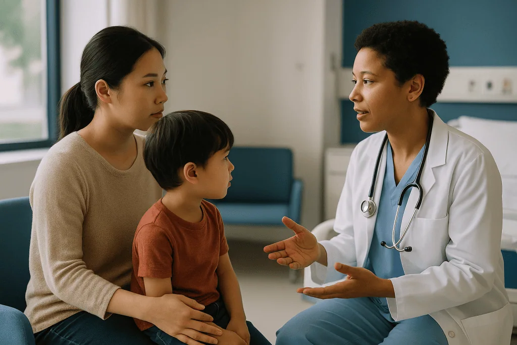 Female doctor consulting with mother and young child patient: What causes Kawasaki disease, and is it contagious?