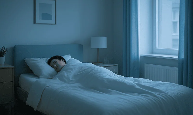 Person sleeping peacefully in a modern bedroom with natural light.