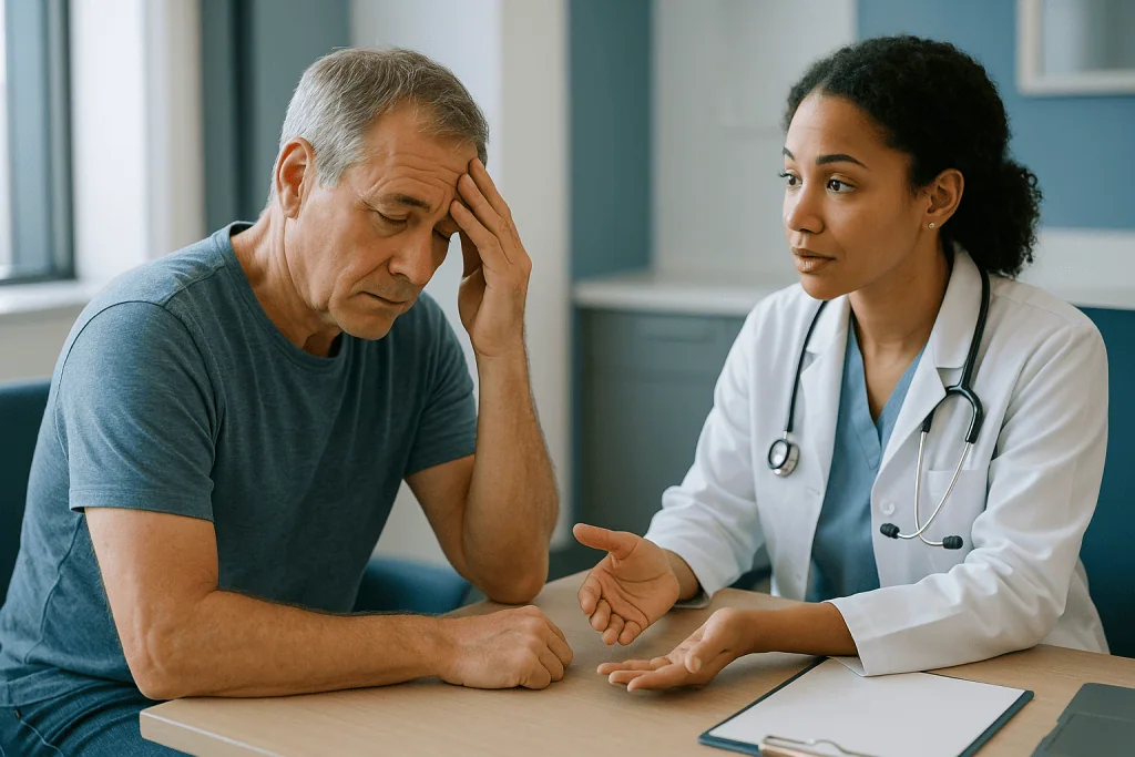 Doctor consulting with middle-aged male patient at desk: What causes low testosterone in the first place?