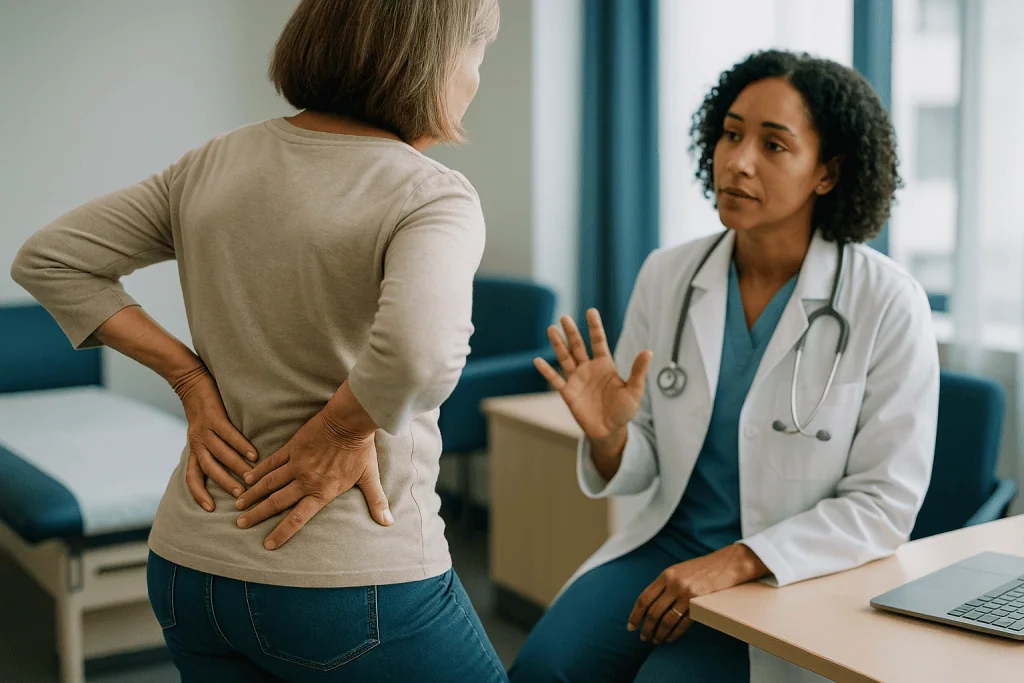 Patient consultation with female doctor about lower back pain: What causes sacroiliac joint dysfunction?