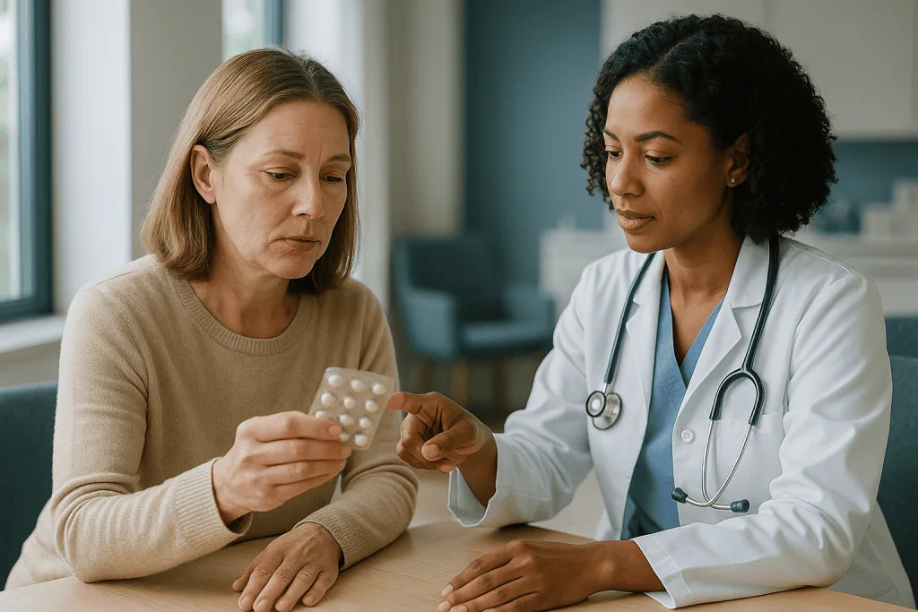 Doctor consulting patient about medication in clinic: What changed recently