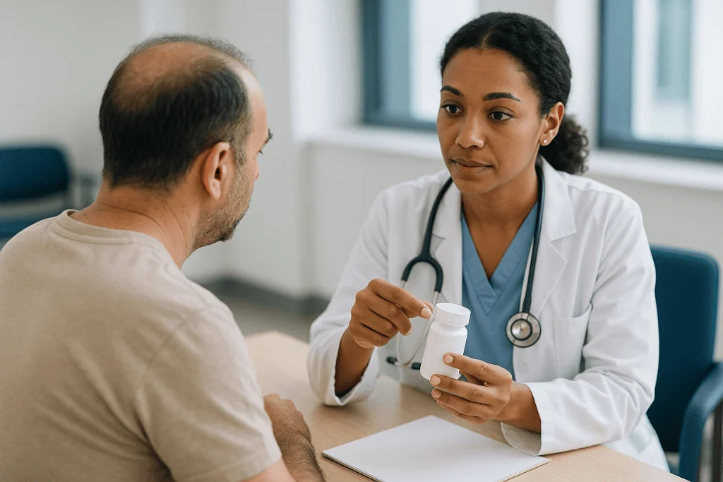 Doctor consulting patient with medication bottle: What changed recently