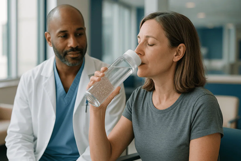 Patient drinking water while doctor observes in clinic: What changed recently