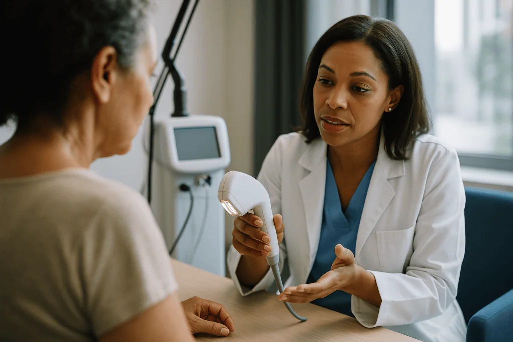 Dermatologist consulting patient with handheld laser device: What changed recently