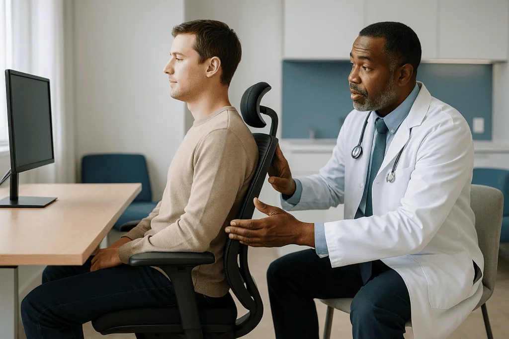 Doctor examining patient's posture and ergonomic chair setup: What changed recently