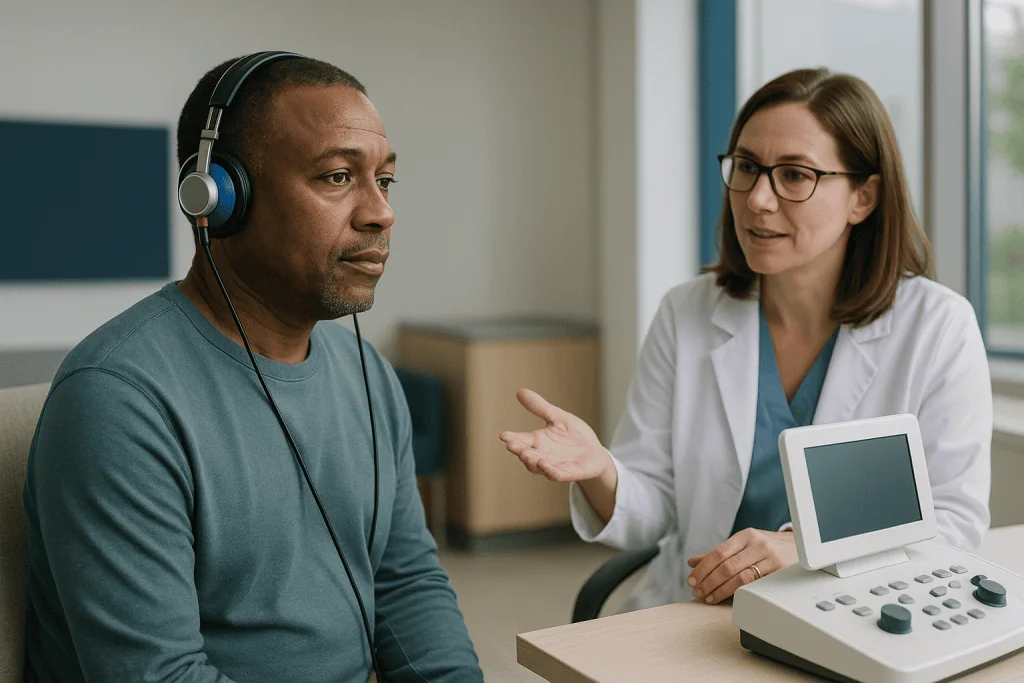 Audiologist conducting hearing test with patient wearing headphones: What changed recently