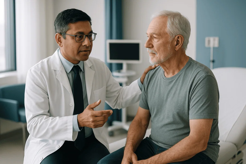 Doctor consulting with older male patient in clinic: What changed recently