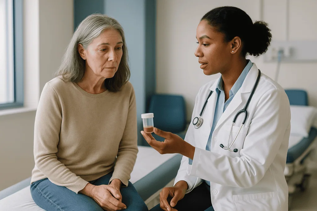 Doctor consulting older female patient in clinic: What changed recently
