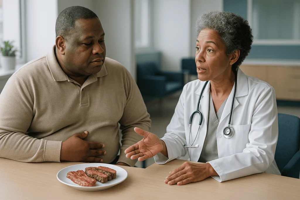 Doctor discussing dietary nutrition with male patient: What changed recently