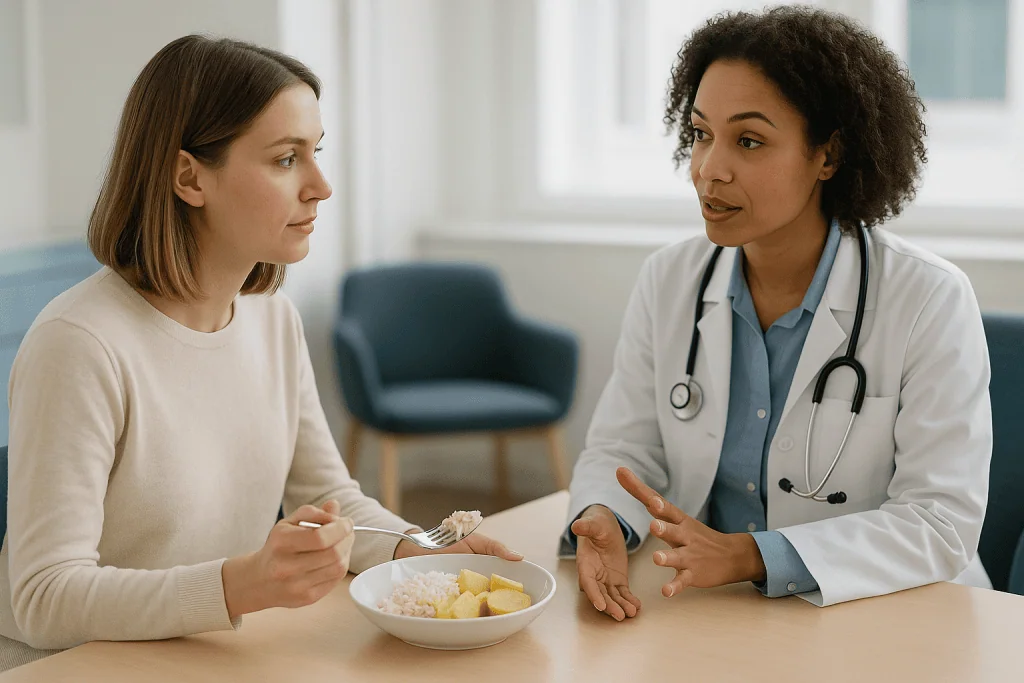Doctor consulting patient during meal with rice and potatoes: What changed recently