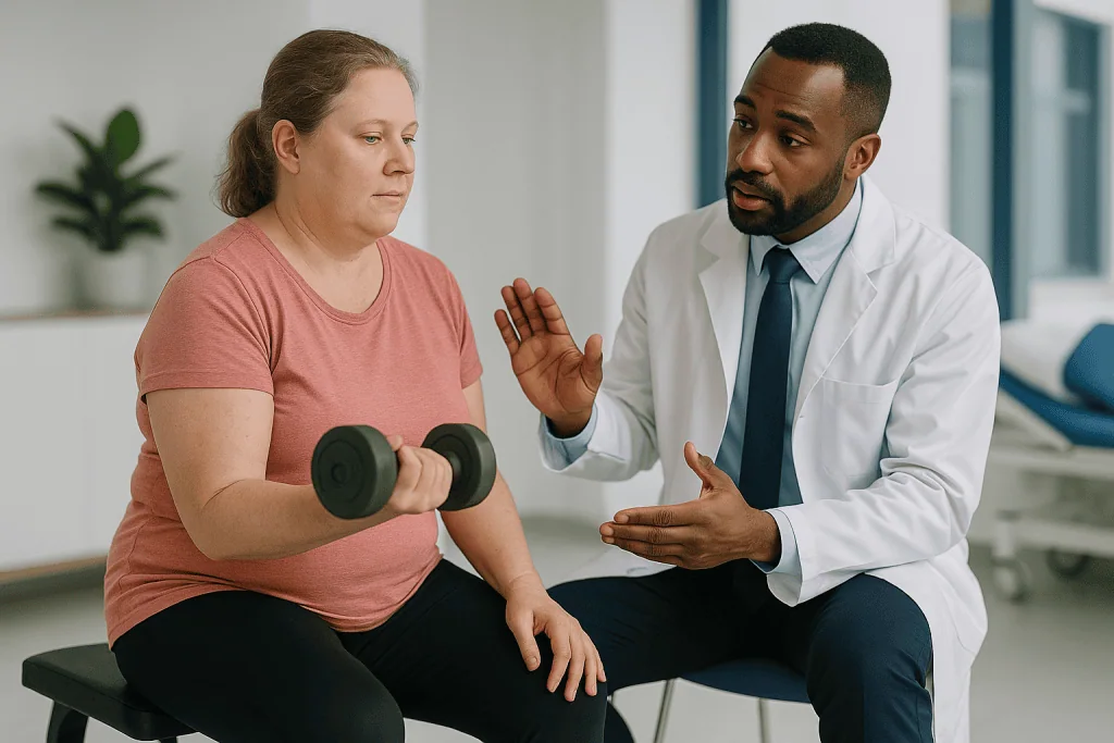 Doctor consulting patient with dumbbell during medical visit: What changed recently
