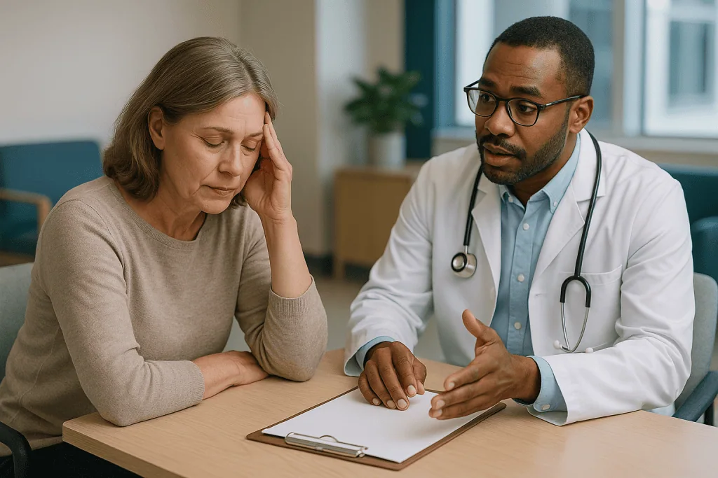 Doctor consulting with middle-aged female patient at desk: What changed recently