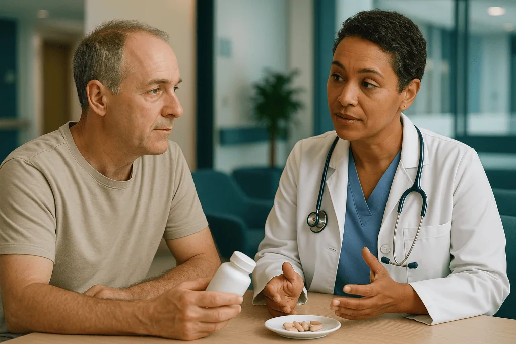 Doctor consulting male patient about medication or supplements: What changed recently