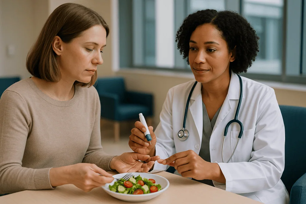 Doctor discussing food/diet with patient at table: What changed recently