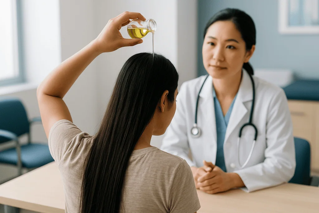 Patient demonstrating hair oil application to doctor: What changed recently