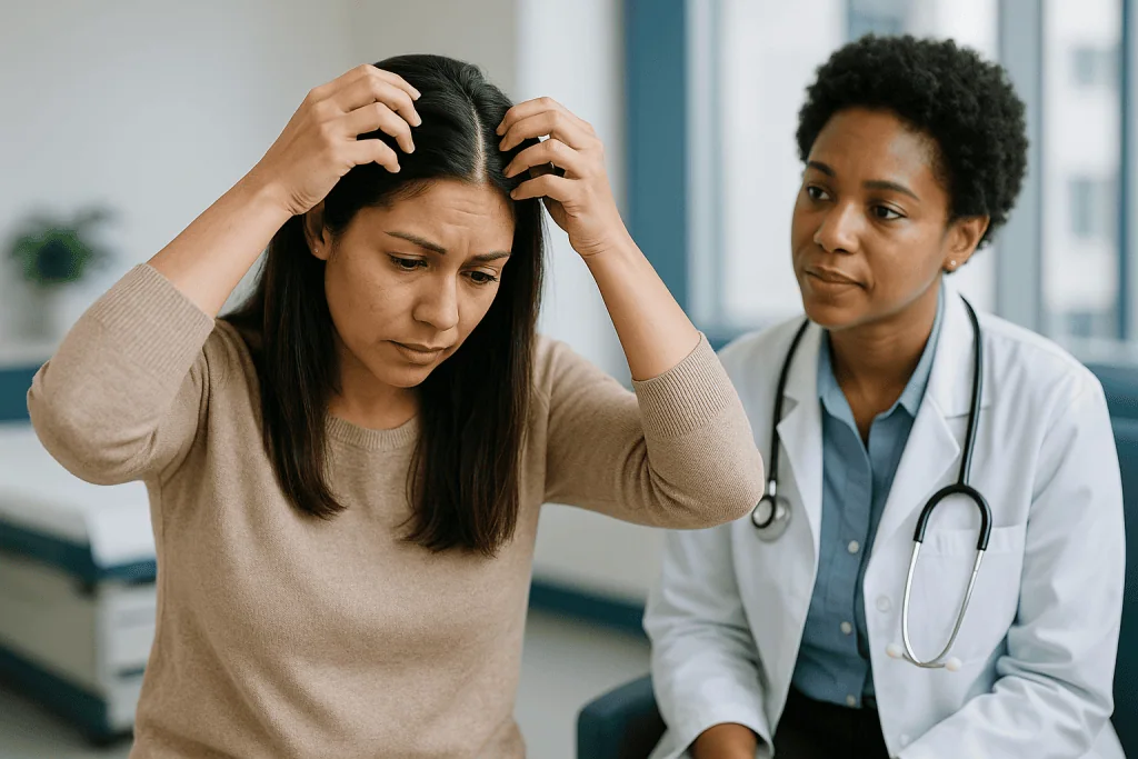 Patient consulting doctor about hair and scalp concerns: What changed recently